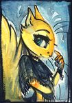  2016 anthro black_border blue_eyes border bracelet clothing collar ear_piercing ears_up facial_piercing fluffy fluffy_tail fur jewelry mammal nose_piercing piercing poncho rodent signature smile solo squirrel traditional_media_(artwork) watercolor_(artwork) yellow_fur zenirix zenny_(zenirix) 