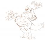  2016 anthro anthrofied belly big_belly breasts canine claws cownugget dialogue drooling duo english_text fan_character featureless_breasts female hair hand_on_stomach long_hair male mammal monochrome neck_bulge nintendo nude open_mouth pok&eacute;mon pok&eacute;morph ponytail saliva scales signature speech_bubble swallowing text toe_claws tongue tongue_out tyranitar video_games voluptuous vore wide_hips zoroark 