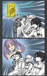  2koma 3girls :d animal_ears assassin_class_(fate/stay_night) clenched_hands comic dangerous_beast emphasis_lines fate/grand_order fate/hollow_ataraxia fate_(series) fujimaru_ritsuka_(female) fujimaru_ritsuka_(male) gaijin_4koma julius_caesar_(fate/grand_order) mash_kyrielight multiple_boys multiple_girls open_mouth pointing purple_eyes purple_hair smile stheno teeth thighhighs truth twintails yuko_(taxidermy) 