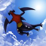  2016 3ds absurd_res ambiguous_gender black_sclera blue_background blue_eyes claws cloud dragon english_text fin flying gamemaniac garchomp hi_res nintendo pok&eacute;mon purple_scales real red_scales scales scalie sharp_teeth simple_background sky solo spikes sun teeth text toe_claws video_games watermark yellow_scales 