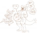  2016 anthro anthrofied belly big_belly breasts canine claws cownugget dialogue digestion drooling duo english_text fan_character featureless_breasts female hair hand_on_stomach long_hair male mammal monochrome nintendo nude open_mouth pok&eacute;mon pok&eacute;morph ponytail post_vore saliva scales signature speech_bubble text toe_claws tongue tongue_out tyranitar video_games voluptuous vore wide_hips zoroark 
