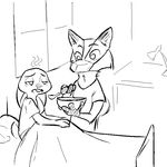  2016 anthro bed black_and_white bowl buckteeth canine clothed clothing disney duo feeding female fox ill judy_hopps lagomorph male mammal mask monochrome nick_wilde open_mouth rabbit replytoanons sitting spoon surgical_mask teeth zootopia 