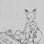  ambiguous_gender anthro baby black_and_white canine clock clothed clothing crib disney eyes_closed female fox group hug judy_hopps lagomorph male mammal midriff monochrome nick_wilde rabbit replytoanons sleeping sofa topless underwear w2016 young zootopia 