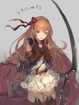  arisa_(shadowverse) boots bow_(weapon) brown_hair dress elf gloves green_eyes hair_ribbon hanarito long_hair looking_at_viewer open_mouth pointy_ears ribbon shadowverse skirt solo sword thigh_boots thighhighs weapon 