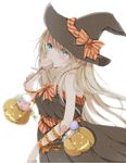  blonde_hair blue_eyes candy food halloween hat hiro_(hirohiro31) lollipop long_hair looking_at_viewer original simple_background solo witch_hat 
