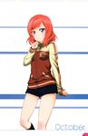  absurdres artist_request blush hand_on_own_chin highres jacket long_sleeves looking_at_viewer love_live! love_live!_school_idol_festival love_live!_school_idol_project nishikino_maki non-web_source october official_art purple_eyes red_hair scan short_hair shorts simple_background solo track_jacket white_background 