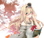  adjusting_eyewear aqua_eyes bare_shoulders bespectacled blonde_hair book braid breasts commentary_request crown dress english eyebrows eyebrows_visible_through_hair french_braid glasses hair_between_eyes headband jewelry kantai_collection konataeru large_breasts lips long_hair looking_at_viewer mini_crown necklace reading sky smile solo warspite_(kantai_collection) 