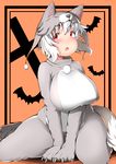  animal_costume animal_hat bat blush breasts claws costume eyebrows fang halloween hat highres huge_breasts impossible_clothes inubashiri_momiji looking_away open_mouth plump red_eyes shishi_juuroku short_hair silver_hair simple_background sitting solo thick_eyebrows thick_thighs thighs touhou wariza wolf_costume 