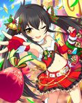  alternate_costume artist_request belt black_hair box christmas confetti elbow_gloves fingerless_gloves gift gift_box gloves heart_belt idolmaster idolmaster_cinderella_girls jewelry long_hair matoba_risa merry_christmas midriff necklace official_art one_eye_closed smile solo twintails yellow_eyes 