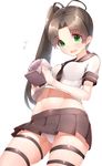  antenna_hair ass ass_visible_through_thighs ayanami_(kantai_collection) bad_id bad_pixiv_id bangs boruhis brown_hair brown_skirt commentary eyebrows eyebrows_visible_through_hair flustered flying_sweatdrops from_below green_eyes hair_ribbon holding kantai_collection long_hair midriff navel neckerchief open_mouth panties pantyshot parted_bangs pleated_skirt ribbon school_uniform see-through serafuku shirt side_ponytail simple_background skirt solo stomach sweatdrop thigh_strap underwear upshirt upskirt wavy_mouth white_background white_panties 
