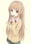  1girl brown_eyes brown_hair long_hair mafu9 miyano_(tanakeda) open_mouth school_uniform solo source_request strawberry_milk tanaka-kun_wa_itsumo_kedaruge 