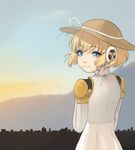  aegis_(persona) android blonde_hair blue_eyes catmouth hat headphones persona persona_3 robot_joints solo straw_hat sunset 