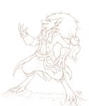  2016 anthro barefoot belt claws clothed clothing cownugget ear_piercing english_text fur hair long_hair looking_at_viewer male monochrome nintendo piercing pirate pok&eacute;mon signature smile solo text video_games zoroark 