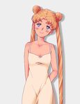  arms_behind_back bishoujo_senshi_sailor_moon blonde_hair blue_eyes blush breasts cleavage double_bun dress earrings jewelry long_hair medium_breasts ochappa smile solo spaghetti_strap stud_earrings tsukino_usagi twintails very_long_hair white_dress 