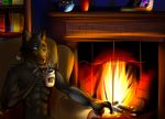  2014 armchair beverage black_fur blue_eyes book canine chair coffee digital_media_(artwork) fire fireplace fur furrytiger_2012 male mammal nude press solo thought wolf 