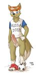  2016 anthro balls blue_eyes blush bottomless canine clothed clothing derpah erection male mammal penis shorts sport uncut volleyball 