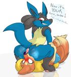  2016 anthro anus backsash black_nose blue_eyes blush butt canine dialogue digital_media_(artwork) duo english_text facesitting female floatzel fur hair hindpaw looking_back lucario lying male male/female mammal mustelid nintendo on_back oral pawpads paws pok&eacute;mon red_eyes simple_background smile sweat teeth text video_games white_background 