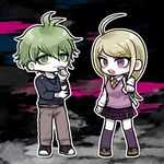  1girl ahoge akamatsu_kaede amami_rantarou blonde_hair chibi chin_stroking danganronpa ear_piercing green_eyes green_hair lowres necktie new_danganronpa_v3 orange_neckwear piercing pleated_skirt pointing pointing_at_viewer purple_eyes school_uniform shimada_(dmisx) shirt skirt smile striped striped_shirt sweater_vest 