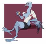  2016 anthro avian beak beverage bird blouse breasts celine_(slither) clothed clothing crane crossed_legs feathers female grey_feathers igiveyoulemons looking_at_viewer nipples open_shirt sitting skirt solo tail_feathers 