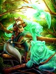  anthro archer arrow avian bear bird bow_(weapon) branch canine canopy chibity clothed clothing cougar detailed_background falcon feline female feral fluffy forest fur grey_fur group hi_res leaf leather mammal quiver ranged_weapon solo_focus spirit tree weapon wolf 