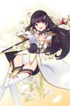  :d black_hair earrings epaulettes flower gloves groin hair_ornament highres holding holding_staff jewelry kamo_kamen lily_(flower) long_hair long_legs looking_at_viewer nerua_(soccer_spirits) open_mouth purple_eyes smile soccer_spirits solo staff thighhighs transparent_background white_gloves white_legwear 