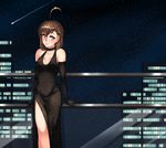  ahoge andou_natsuki black_dress breasts brown_eyes brown_hair building choker cleavage dress elbow_gloves gloves highres kitakubu_katsudou_kiroku lips looking_at_viewer night night_sky shooting_star sky skyscraper small_breasts solo sparkle standing star_(sky) starry_sky twrlare 