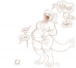  2016 anthro anthrofied belly big_belly breasts canine claws cownugget dialogue digestion drooling duo english_text fan_character featureless_breasts featureless_crotch female gaping_mouth hair hand_on_stomach long_hair male mammal monochrome navel nintendo nude open_mouth pok&eacute;mon pok&eacute;morph ponytail post_vore saliva scales signature speech_bubble text toe_claws tongue tongue_out tyranitar video_games voluptuous vore wide_hips zoroark 