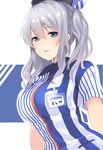  beret blue_eyes blush breasts commentary dyson_(edaokunnsaikouya) employee_uniform hat kantai_collection kashima_(kantai_collection) large_breasts lawson long_hair looking_at_viewer name_tag open_mouth shirt sidelocks silver_hair smile solo striped striped_shirt tsurime twintails uniform vertical-striped_shirt vertical_stripes wavy_hair 