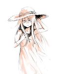  alternate_costume anchor_symbol collarbone cowboy_shot gou_(double_trigger) hair_between_eyes hat hibiki_(kantai_collection) highres kantai_collection long_hair looking_away monochrome open_mouth simple_background sketch solo sun_hat wind 