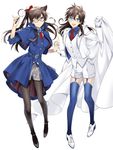  adapted_costume black_hair black_legwear blue_eyes blue_legwear brown_hair cape cosplay edogawa_conan edogawa_conan_(cosplay) glasses gloves interlocked_fingers kaitou_kid kaitou_kid_(cosplay) long_hair magic_kaito meitantei_conan monocle mouri_ran multiple_girls nakamori_aoko one_eye_closed pantyhose purple_eyes ro-a shorts thighhighs 