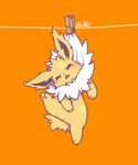  anus blush clothes_pin clothesline full_body gen_1_pokemon hanging jolteon leg_up looking_at_viewer lovewolf5122 no_humans orange_background pokemon pokemon_(creature) simple_background solo triangle_mouth 