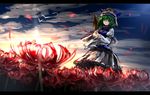 black_skirt blue_vest closed_mouth cloud cloudy_sky field flower flower_field green_eyes green_hair hat juliet_sleeves letterboxed long_sleeves looking_at_viewer petals puffy_sleeves rod_of_remorse ryosios shiki_eiki skirt sky solo spider_lily sunlight touhou vest 