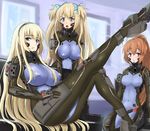  blue_bow blue_eyes blush bodysuit bow breasts brown_eyes commentary_request covered_nipples hair_bow hair_ribbon hairband highres indoors irisdina_bernhard katia_waldheim large_breasts legs_up liz_hohenstein long_hair looking_at_viewer multiple_girls muvluv open_mouth parted_lips pilot_suit ponytail ribbon schwarzesmarken sitting small_breasts smile takara_joney very_long_hair white_ribbon 