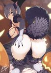  animal_ears artist_name ass bed_sheet blush breasts dangerous_beast elbow_gloves fate/grand_order fate_(series) fur_trim gloves hair_over_one_eye halloween_costume hand_on_ass jack-o'-lantern large_breasts looking_at_viewer looking_back mash_kyrielight pumpkin purple_eyes purple_gloves purple_hair purple_legwear samegami short_hair signature solo tail thighhighs wolf_ears wolf_tail 