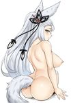  animal_ears areolae arm_support ass blue_eyes breasts erune fox_ears fox_tail from_behind granblue_fantasy hair_ornament lang_(chikage36) large_breasts light_smile long_hair looking_at_viewer nipples nude silver_hair sitting smile socie_(granblue_fantasy) solo tail very_long_hair white_hair 