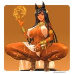  bare_shoulders black_hair breasts dark_skin derivative_work egyptian egyptian_clothes egyptian_mythology fetishy gold_trim high_heels highres huge_breasts long_hair looking_at_viewer mole mole_under_eye navel non_(nonsummerjack) original outside_border real_life_insert rounded_corners scales smile solo squatting thick_thighs thighs very_long_hair 
