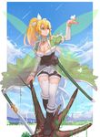  blonde_hair boots braid breasts bug butterfly cleavage fairy fairy_wings green_eyes highres insect large_breasts leafa long_hair mizu_(dl7613) pointy_ears ponytail sword sword_art_online thighhighs tree twin_braids very_long_hair weapon white_legwear wings 