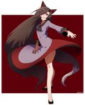  2016 absurdly_long_hair animal_ears bare_legs black_footwear brooch brown_hair dated dress fingernails full_body hair_over_one_eye highres imaizumi_kagerou jewelry long_hair long_sleeves looking_at_viewer nail_polish namataro one_eye_covered red_background red_eyes red_nails red_skirt sharp_fingernails shoes simple_background skirt smirk solo tail touhou very_long_hair white_dress wide_sleeves wolf_ears wolf_tail 