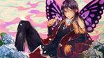  black_hair bug butterfly butterfly_wings character_request detached_sleeves dripping flower highres insect kimpeul leaning mabinogi male_focus pointy_ears purple_wings red_eyes sleeves_past_wrists solo wet wings 