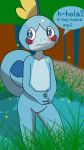  2019 ambiguous_gender anthro blush crisus nintendo nude outside pok&eacute;mon pok&eacute;mon_(species) scalie sobble solo spanish_text text video_games 