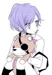  1boy amo_(yellowpink_a) bags_under_eyes black_legwear bowtie child collared_shirt diabolik_lovers eyepatch kneehighs knees_up male_focus monochrome sakamaki_kanato simple_background sitting solo stuffed_animal suspenders teddy_(diabolik_lovers) white_background younger 