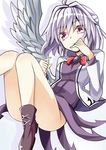  aki_chimaki bow bowtie brooch closed_mouth dress jacket jewelry kishin_sagume long_sleeves no_panties purple_dress red_eyes short_hair silver_hair solo touhou white_background wings 