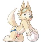  all_fours anthro ball blue_eyes bulge canine clothed clothing cub dandi eyewear fifa fur goggles goggles_on_forehead jockstrap male mammal pinup pose soccer_ball solo tan_fur tongue topless underwear wolf young zabivaka 