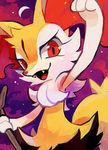  2016 ambiguous_gender black_fur braixen canine crescent_moon extyrannomon_(artist) fangs feral fox fur inner_ear_fluff looking_at_viewer mammal moon multicolored_fur nintendo open_mouth pointy_nose pok&eacute;mon red_eyes red_nose smile solo stick tongue tuft twig video_games white_fur yellow_fur 