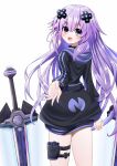  1girl :d adult_neptune bare_legs blush commentary_request cowboy_shot d-pad d-pad_hair_ornament from_behind hair_between_eyes hair_ornament highres holster hood hooded_jacket jacket long_hair looking_at_viewer looking_back neptune_(series) open_mouth purple_eyes purple_hair reaching_out shin_jigen_game_neptune_vii simple_background smile solo sword thigh_strap very_long_hair weapon white_background 