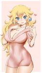  bad_id bad_pixiv_id blonde_hair blue_eyes breasts cleavage highres jewelry large_breasts long_hair looking_at_viewer mario_(series) necklace no_pants princess_peach ring smile solo super_mario_bros. sweater zabumaku 