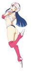  ;d ass back blue_eyes blue_hair breasts character_request helmet high_heels highres kamitsuki_manmaru large_breasts long_hair looking_at_viewer maicching_machiko-sensei one_eye_closed open_mouth pink_legwear simple_background smile solo thighhighs thong white_background 