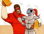  alcohol armor beer beverage blush demoman_(team_fortress_2) drunk eye_patch eyewear female hat human male mammal ponytail team_fortress_2 undertale undyne unknown_artist valve video_games 