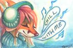  2015 anthro canine clothing ears_back eyes_closed fox fur hair headphones mammal multicolored_fur musical_note orange_fur red_hair signature simple_background smile solo sweater traditional_media_(artwork) two_tone_fur watercolor_(artwork) white_fur zenirix 