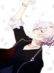  1boy albino arm_up bracelet diabolik_lovers hair_over_one_eye jacket male_focus necklace norita_(noritttta) parted_lips petals red_eyes sakamaki_subaru school_uniform simple_background sleeves_rolled_up solo uniform upper_body v-neck wavy_hair white_background white_hair 